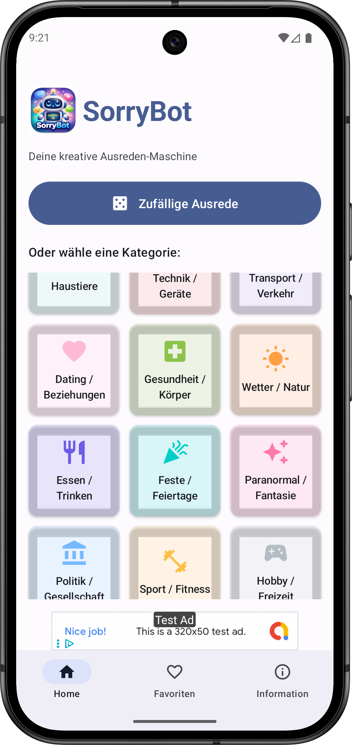 SorryBot Hauptbildschirm - Ausreden Generator mit Kategorieauswahl