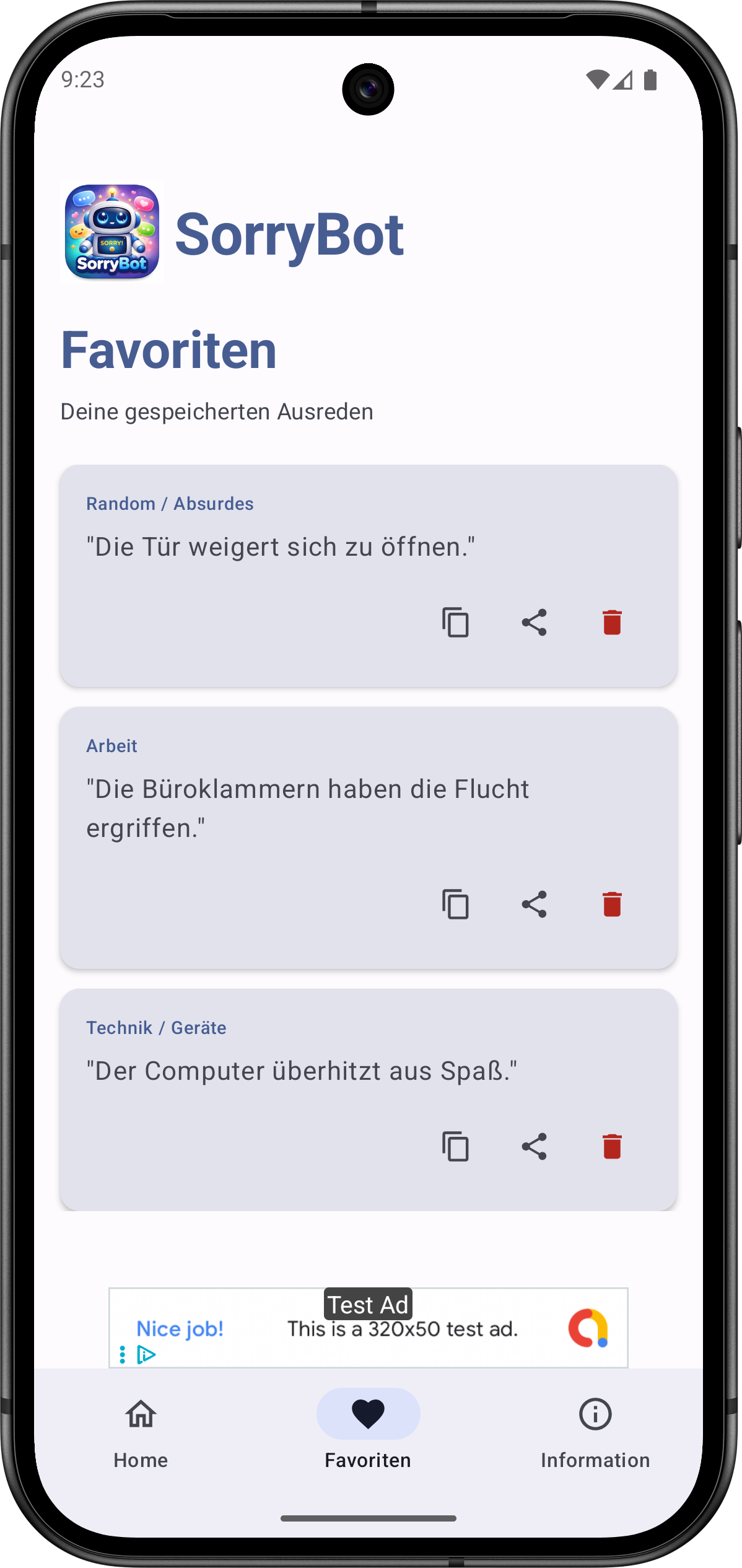 SorryBot Favoriten - Gespeicherte Lieblingsausreden